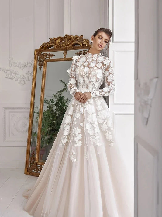 Exquisite Wedding Dresses Elegant Bridal Gowns Lace Appliques High Neck Long Sleeves Robes For Bride A-Line Vestidos De Novia As pics