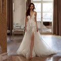 Fluffy princess off-shoulder high split romantic sweetheart lace sleeveless mopping wedding dress side view
