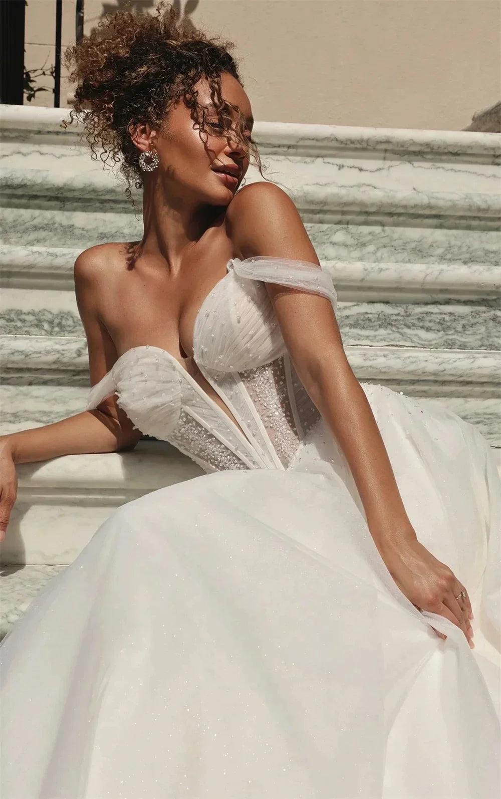 Elegant A-line sequins wedding dress 2026 off-the-shoulder beading pleats tulle bridal gown