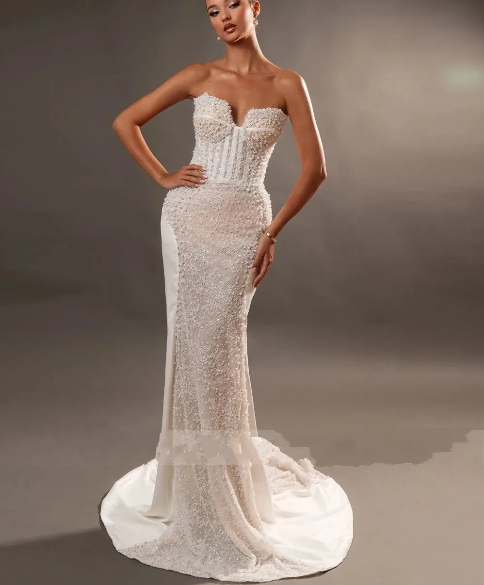 Luxury lace mermaid wedding dress strapless embroidery pearls beads bridal party gown