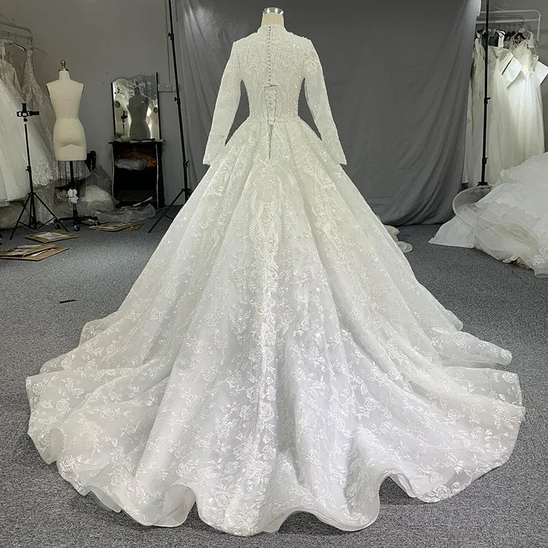 Muslim wedding dress ball gown lace beaded long sleeve bridal gown lace-up back