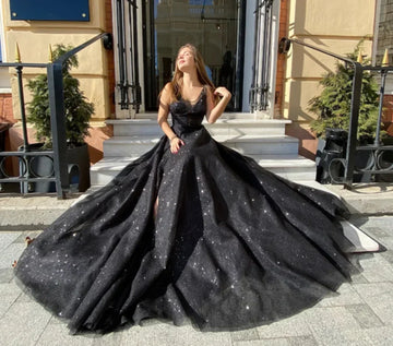 Annie Black Glitter Prom Dresses Gauze Side Slit Evening Dresses A-shaped Princess Party Dresses Vestidos De Fiesta