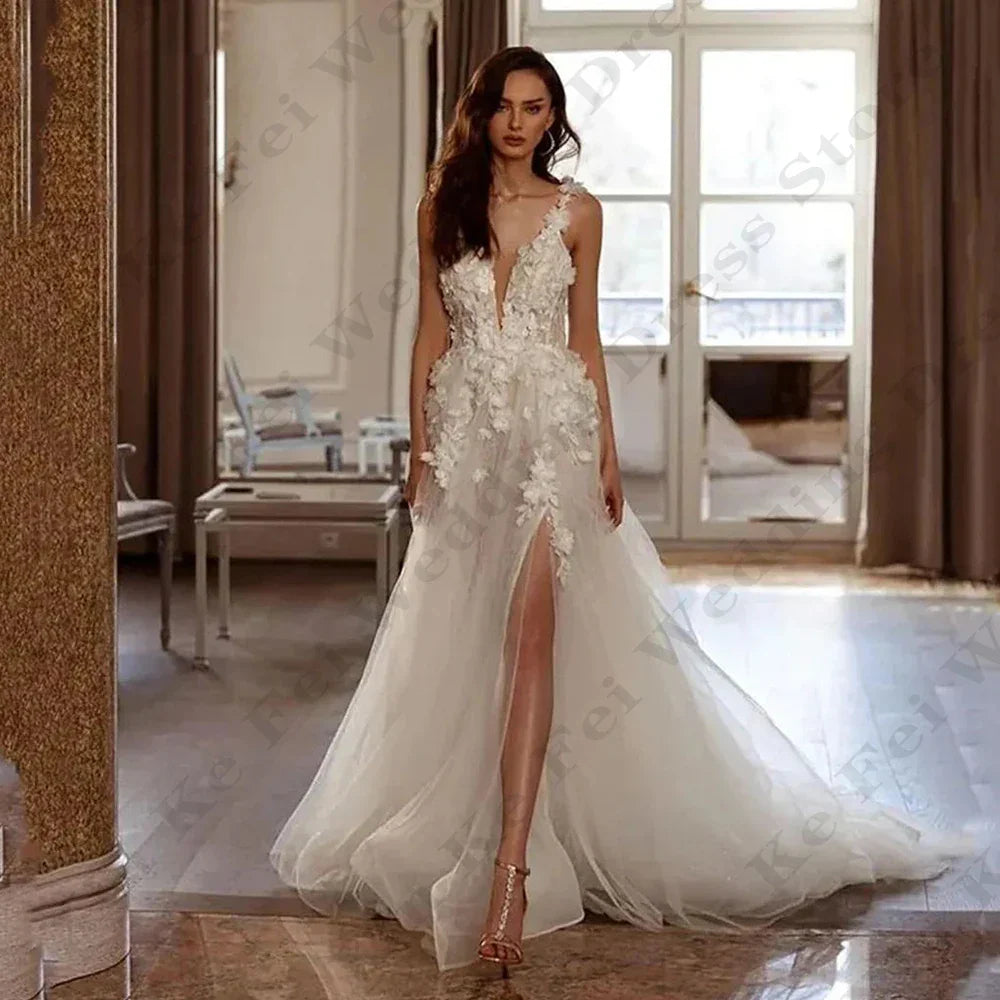 Sweetheart lace applique wedding dress romantic off-shoulder sleeveless high split fluffy princess mopping bridal gown