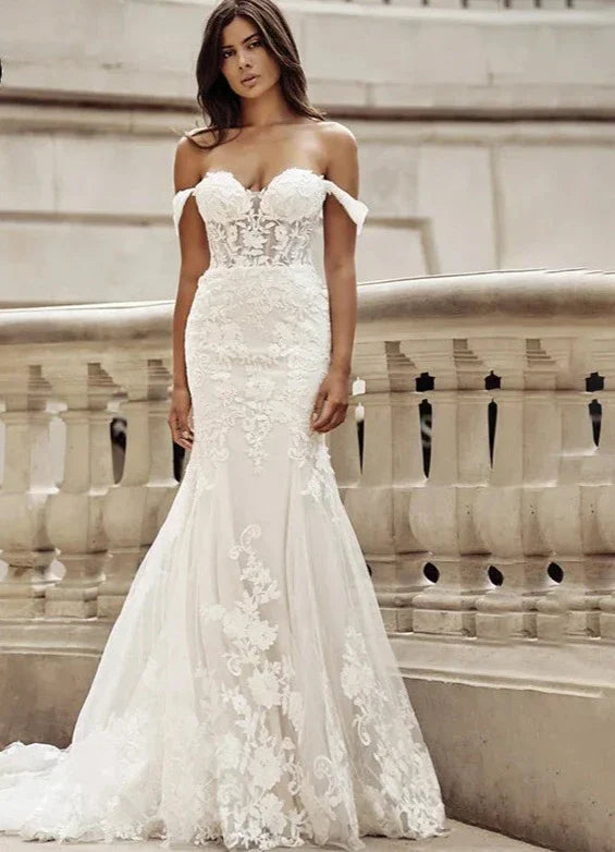 Charming mermaid lace appliques off-the-shoulder sweetheart buttons court train wedding dress
