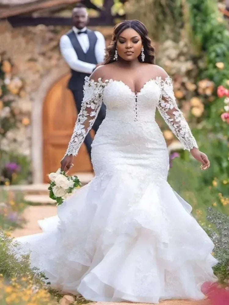Customized 2026 Mermaid  Plus Size White Lace Wedding Dress Sexy Sweetheart Transparent Collar Long Sleeve Wedding Dress
