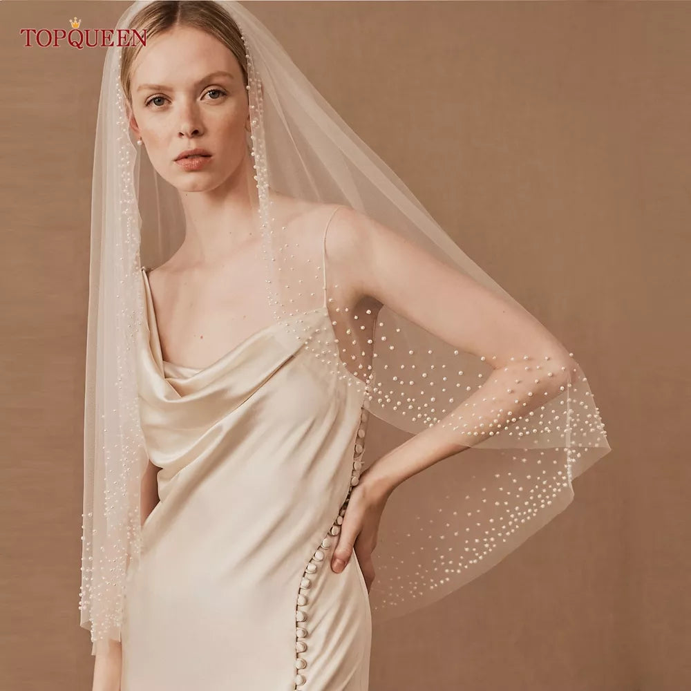 TOPQUEEN Pearls Wedding Veils with Comb Bridal Veil Type Layer Dramatic 1 Tier Pearl Veil Bridal Veils Bead Wedding Veil V157