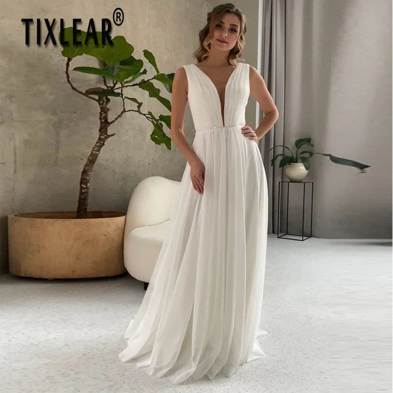 I OD Elegant A-Line Wedding Dress 2024 Sexy V-neck Sash With Sequins Backless Regular Straps Chiffon Bridal Gowns Robe De Mariee champagne