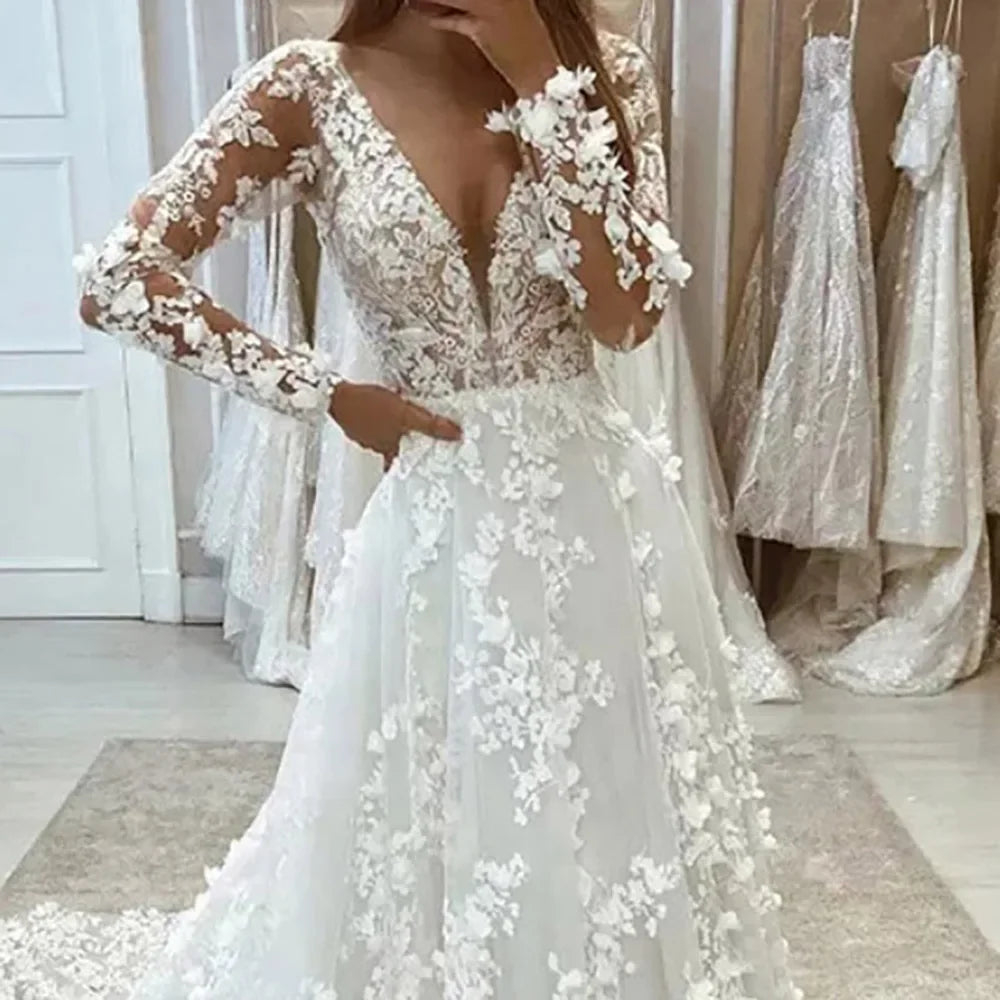 Flavinke Customized Boho Lace Wedding Dresses V-Neck Full Applique Princess Bridal Long Sleeves Sweep Train Bride Dress