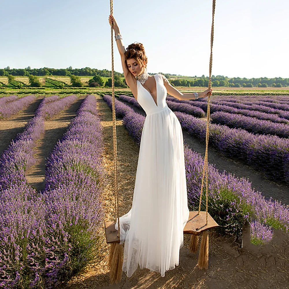 Boho Wedding Dresses For Women Sexy V Neck Backless A-Line Bridal Gown Tulle Bride Gown Bohemian Brides Dresses Customized