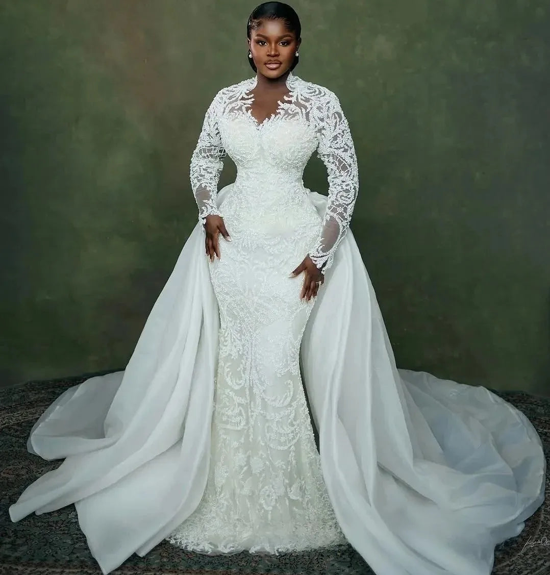 African plus size mermaid wedding dress illusion detachable train long sleeves beaded lace crystals