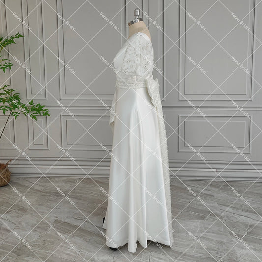 Customized Beading Luxe Wedding Dress Short Puffy Sleeves Corset Surplice V Neck Real Photo High Slit Detachable Bow Bridal Gown