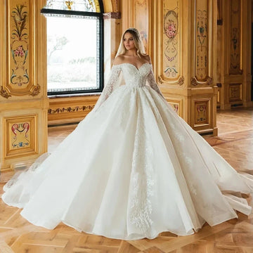 customized luxurious Long Sleeves Wedding dress Off Shoulder Beading Sparking Appplique Lace Bride Dress Women vestidos de novia