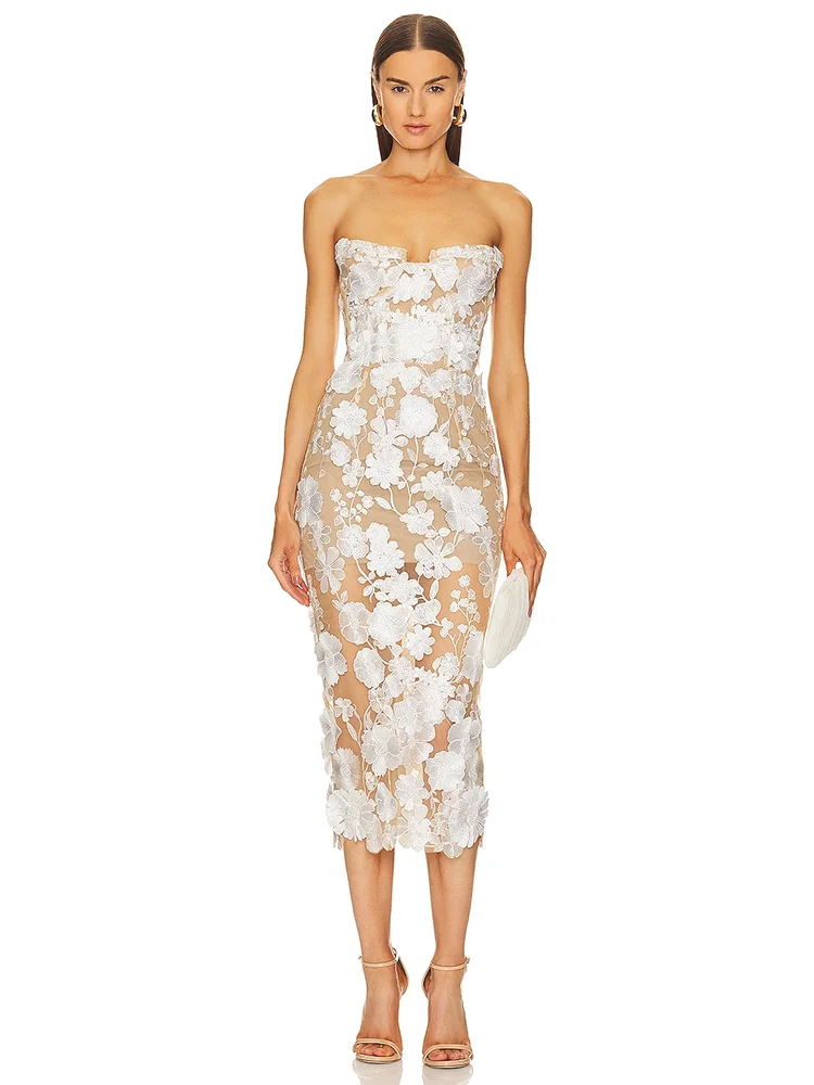 Backless white 3D flower lace strapless slim sleeveless elegant evening party club dress back view