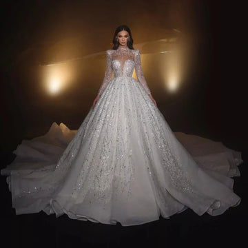 Modest High Collar Long Sleeve Bridal Dress Sparkly Sequins Wedding Gown Luxury Ball Gown Long Bride Robe Vestido De Novia