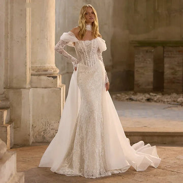 Customized Luxury Lace Sparkling Mermaid Long Sleeves Wedding Dress Detachable Tail Tulle Robe Bridal Dress Vestido De Novia