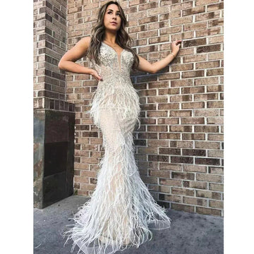 Elegant White Evening Dresses For Women Backless Luxury Dubai Sequined Beaded Sleeveless Arabic Vestidos Formal Party Gowns