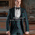Green plaid safari men suit jacket vest pants 3 piece prom groom wedding tuxedo business