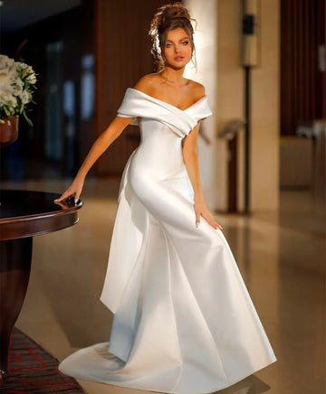 Elegant Long Off Shoulder Wedding Dresses With Bow Sexy V-neck Mermaid Pleated Sweep Train Zipper Back Bridal Gowns for Women