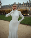 High neck long sleeves floor length lace 2026 simple modest mermaid wedding dress bridal gown ivory