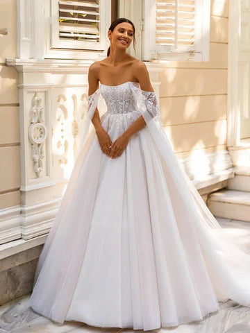 Romantic Classic Wedding Dresses For Women Boat Neck Bridal Gowns Off The Shoulder Tulle Robes Appliques Vestidos De Novia