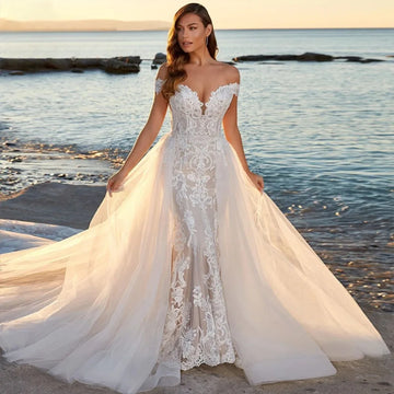 Vintage V-neck Mermaid Wedding Dress with Detachable Train Off Shoulder Appliques Backless Bridal Gown Vestido De Novia