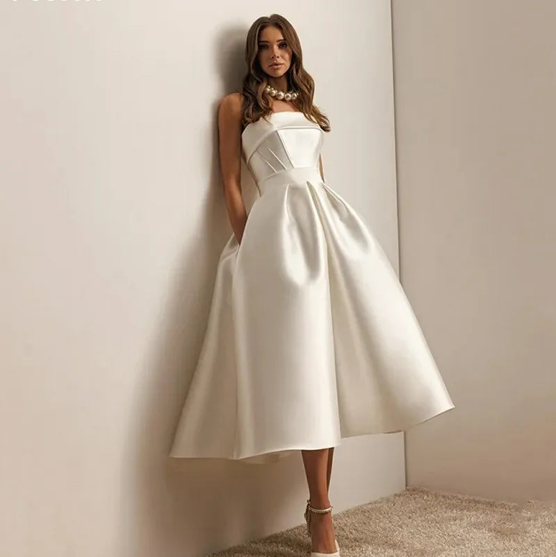 Sexy elegant A-line satin wedding dress mid-calf sleeveless backless formal bridal gown