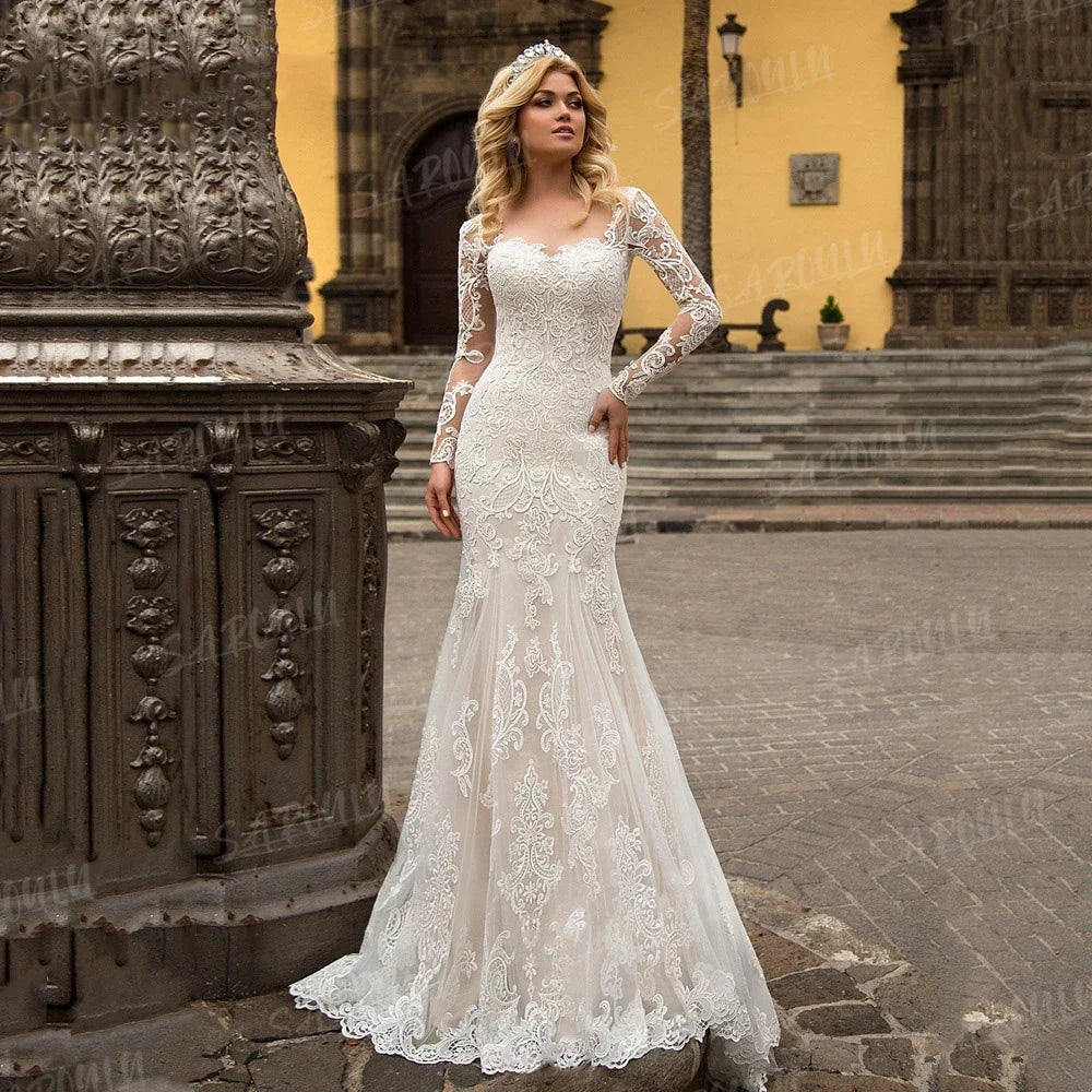 Sweetheart Long Sleeve Wedding Gown Sexy Illusion Lace Classic Cheap Bride Dresses Backless Bridal Gown Custom Made Plus Size