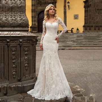 Sweetheart Long Sleeve Wedding Gown Sexy Illusion Lace Classic Cheap Bride Dresses Backless Bridal Gown Custom Made Plus Size
