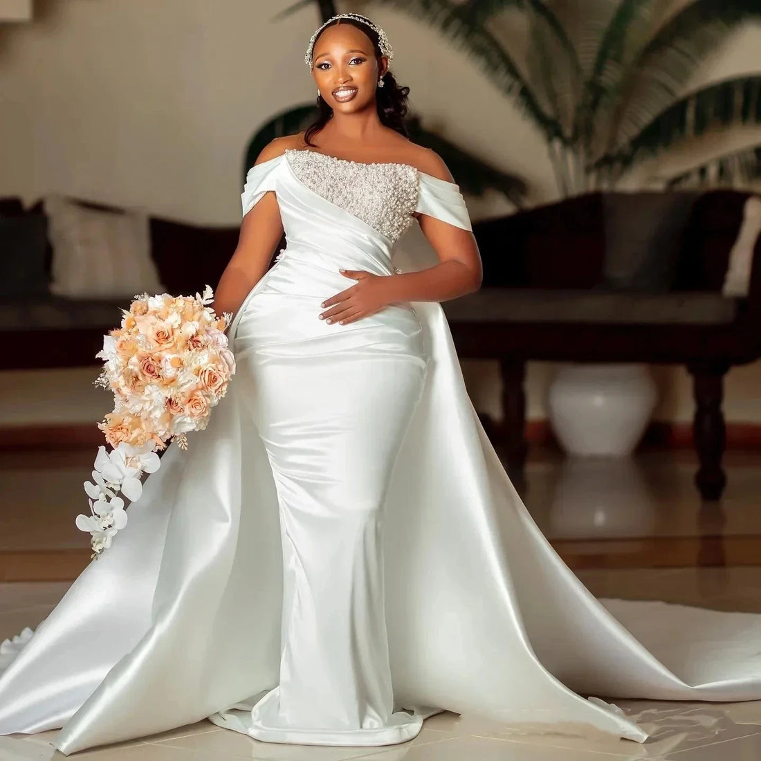 Elegant mermaid wedding dress 2026 detachable train off-the-shoulder beadings pearls sleeveless satin African bridal gown