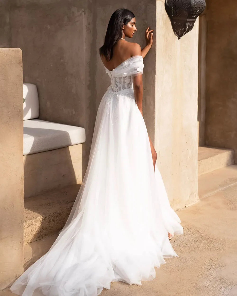 Customized Off Shoulder Corset Wedding Dress Tulle High Slit Lace Appliques Elegant Weddingg Gown Romantic Bridal Dress