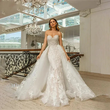 Customized lace Mermaid Wedding Dress Strapless Sleeveless Backless Bridal Gown Detachable Tail Marriage Vestidos De Novia