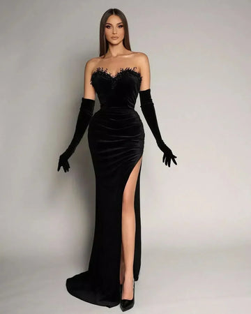 Mermaid black pearl luxury backless side slit cocktail formal party dress front view