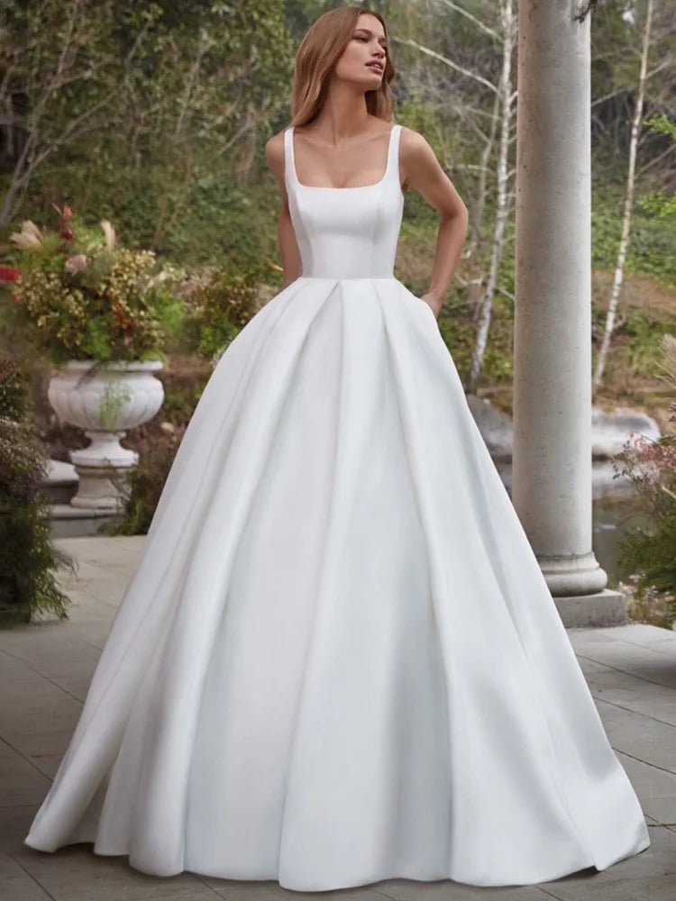 Satin Wedding Dresses White Tank Backless A Line Elegant Women's  Gowns with Pockets Sleeveless Simple Bridal Dress Long