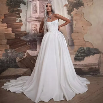 Customized Beaded Pearls A-line Wedding Gowns Off Shoulder Boat Neck Lace Appliques Bride Gowns Vestidos De Novia