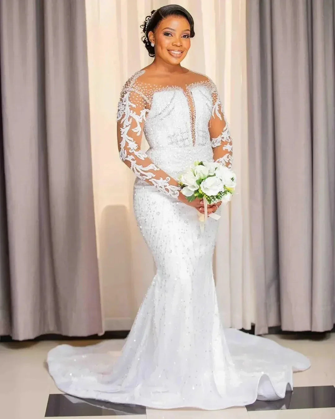 Luxurious wedding dress sheer neck long illusion sleeves crystal sequins bridal gown