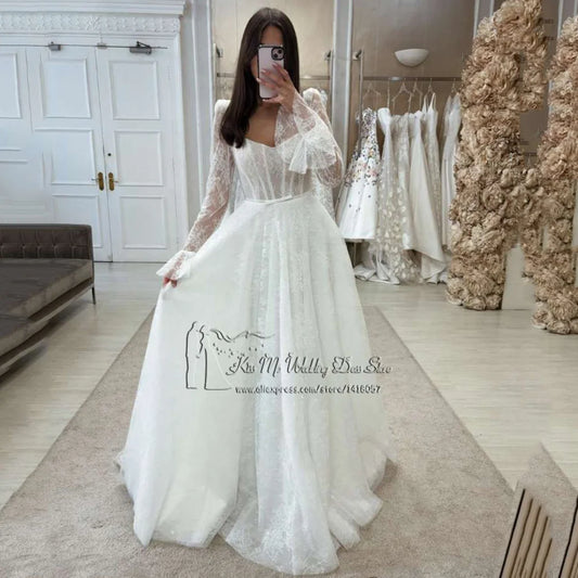 Vintage Boho Wedding Dress Lace Long Sleeve Bride Dresses 2024 A Line Beach Wedding Gowns Bow High Quality Couture Women Mariage