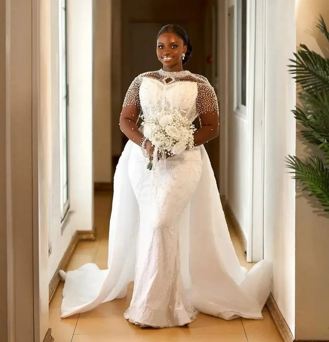 African mermaid wedding dress 2026 sheer O-neck long sleeves illusion beading bridal gown