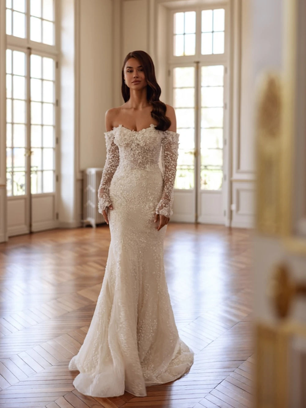 Beaded 3D flower off-shoulder mermaid wedding dress – front view – Snowy Bridal