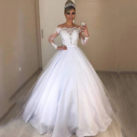 2024 New Boat Neck Lace Long Sleeve Ball Gown Wedding Dress Vestido De Noiva Customized