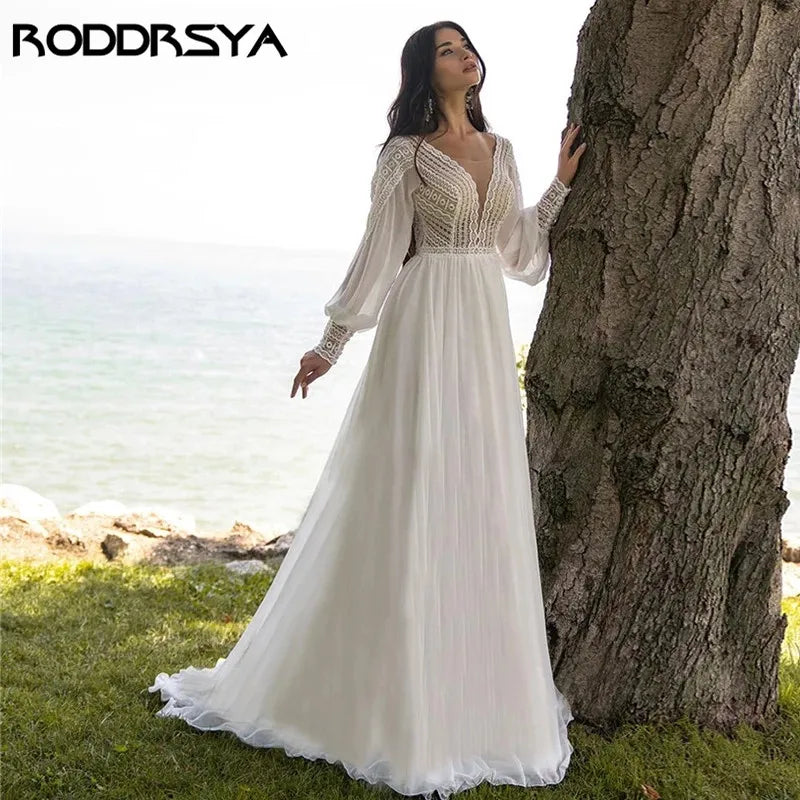 RODDRSYA Boho A-line Wedding Dresses For Women Chiffon Puffy Sleeve vestido de novia Elegant Lace Bridal Dress Custom Made