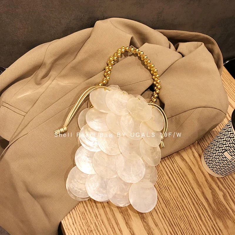 Clutch Woman Party Wedding Evening Shell Bag with Pearls Beaded Designer Luxury Handbag Straw Seashell Woven Sequin Elegant
