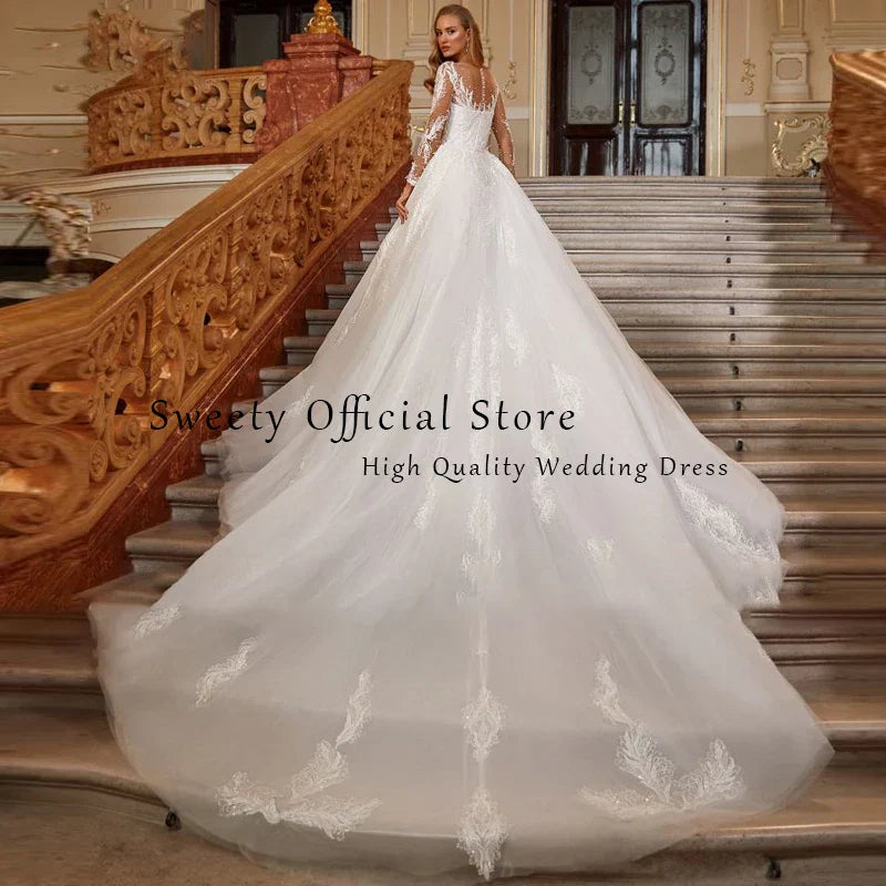 O-neck full sleeve beading mermaid bridal gown detachable train front view
