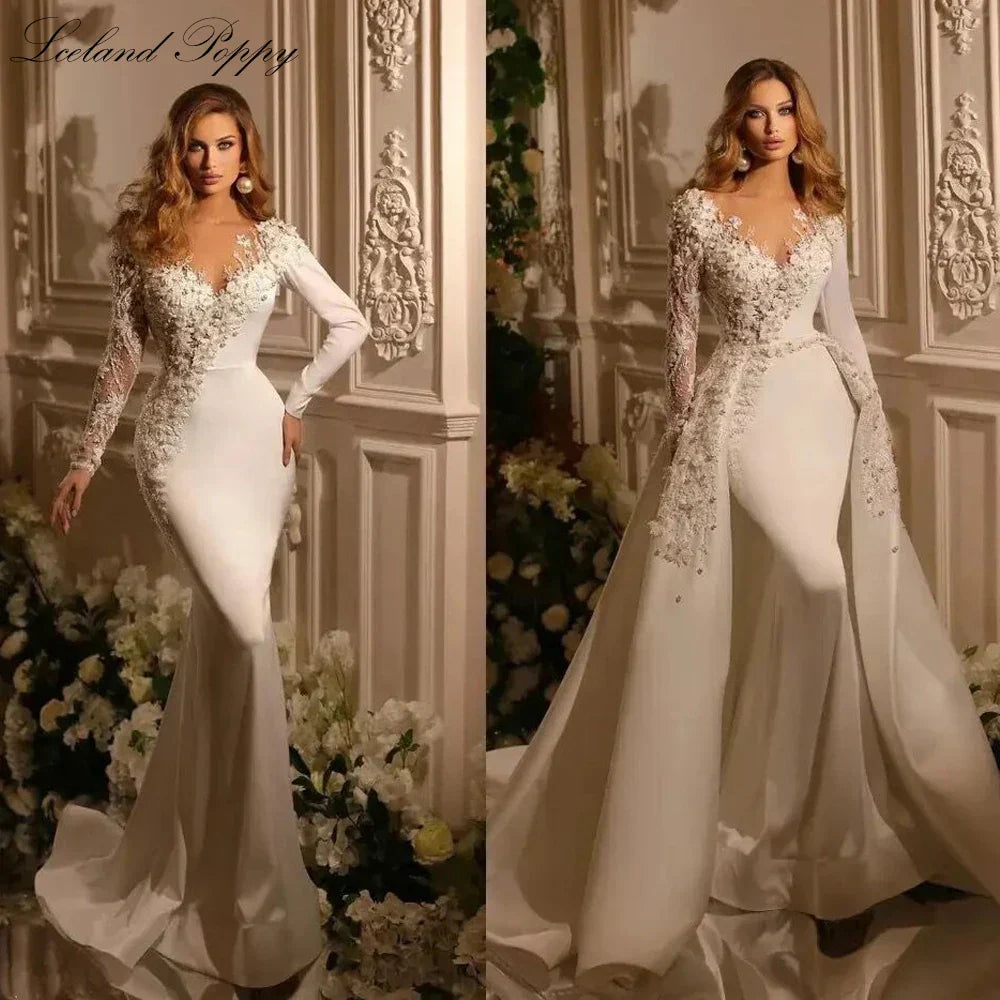 Satin beaded full sleeves mermaid 2-in-1 floor length detachable train wedding dress side view