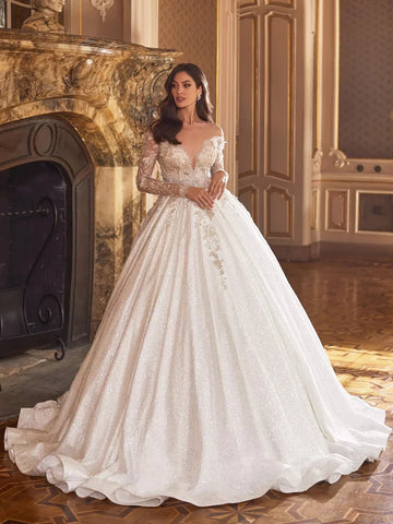 Classic O-neck Long Sleeve Bridal Dress Sparkly Sequins Beads Wedding Gown Luxury Appliques Long Bride Robe Vestido De Novia