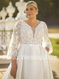 2024 Plus Size Wedding Dresses Classic Satin Bridal Dresses Puff Sleeves V Neck Beading Sequined A Line Bride Gown with Pockets