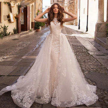 Customized Luxury Detachable 2 In 1 Vestidos De Novia Embroidered Lace Mermaid Wedding Dresses Appliques Vestido De Noiva