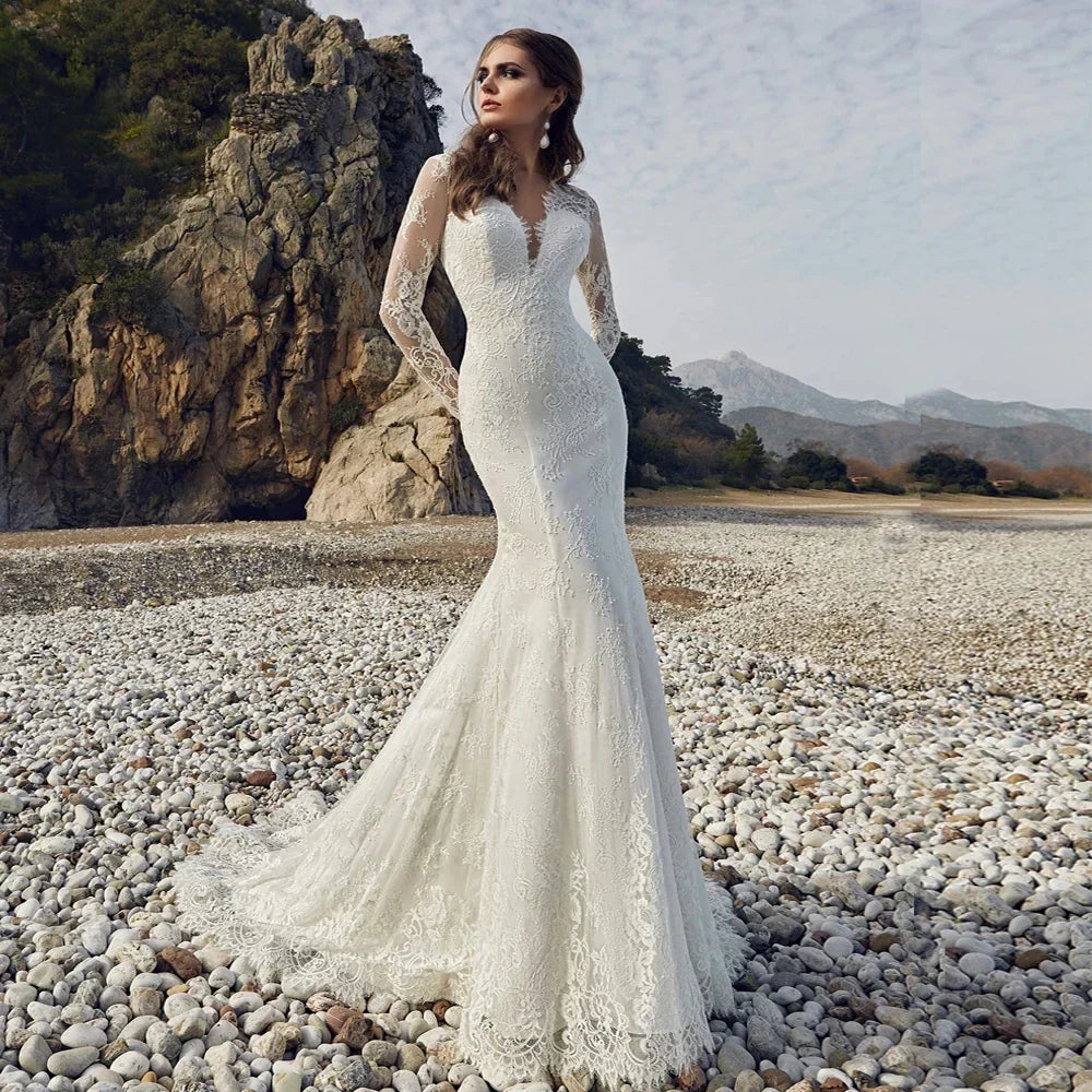 New lace mermaid wedding dress 2026 V-neck full sleeves open back boho bride bridal gown