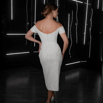 Glitter Short Wedding Dresses Sweetheart Neck Sexy Bridal Gowns Back Zipper Sheath Side Slit Tea-Length свадебное платье
