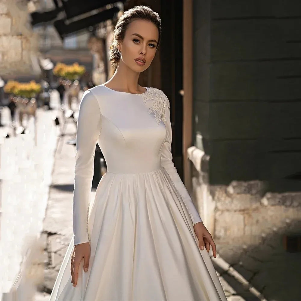Elegant A-line wedding dress scoop long sleeves lace sequin applique sweep train bridal gown