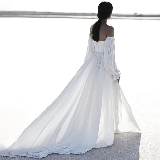 Real Photos Simple High Slit Sweetheart Ruched Chiffon Wedding Dress Big Size Customized Long Bishop Sleeves Beach Bridal Gown